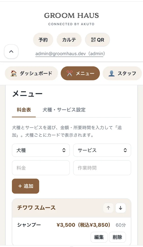 犬種とサービスごとの料金表設定画面